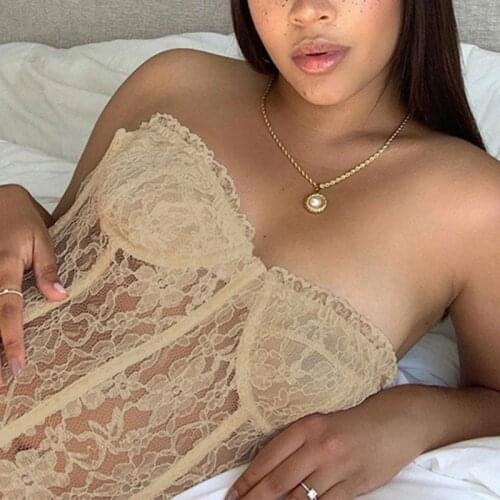 Women Sexy Strapless Sheer Mesh Top Ruffles Floral Lace See-Through Corset Bustier Club Party Bralette Underwear