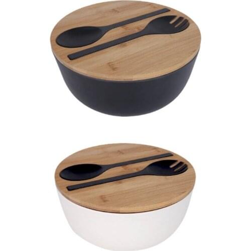 Creative Bamboo Fiber Salad Bowl with Lid Spoon Fork Servers Set Large Deep Soup Food Mixing Container Kitchen Organizer