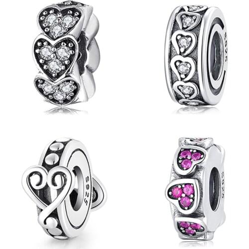 Round heart 925 Sterling Silver DIY deep pink CZ fine spacer stopper beads Fit Original European Charm Bracelet Jewelry making