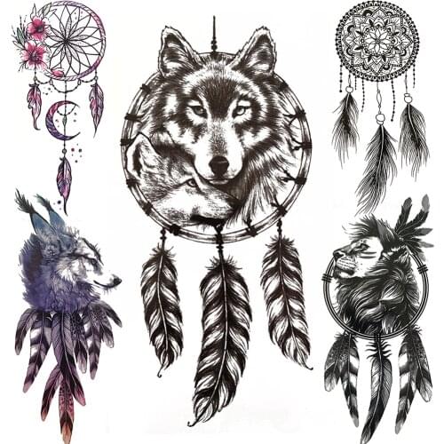 Dreamcatcher Temporary Tattoo For Men Women kid Wolf Lion Tattoo Sticker Feather Moon Mandala Henna Fake Tatoo Body Dream Cather
