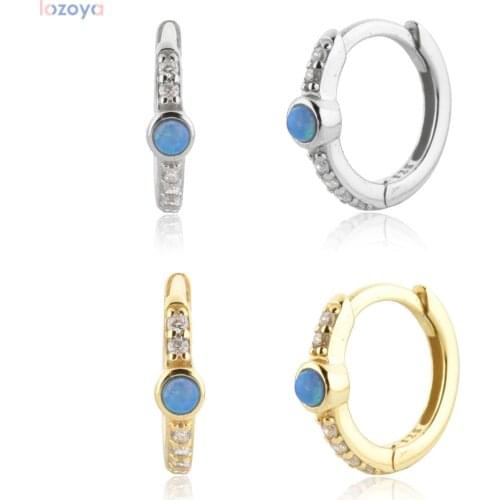 Lozoya 925 Sterling Piercing Huggies Silver 8.5mm Blue Eye Luxury Hoops Earring Women Crystal Wedding Party Fine Jewelry