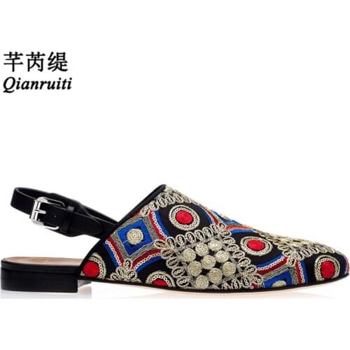 Qianruiti Fashion Canvas Mules Mixed Color Embroidery Flat Casual Sandals Outside Slides Buckle Strap Slingback Summer Shoes Men