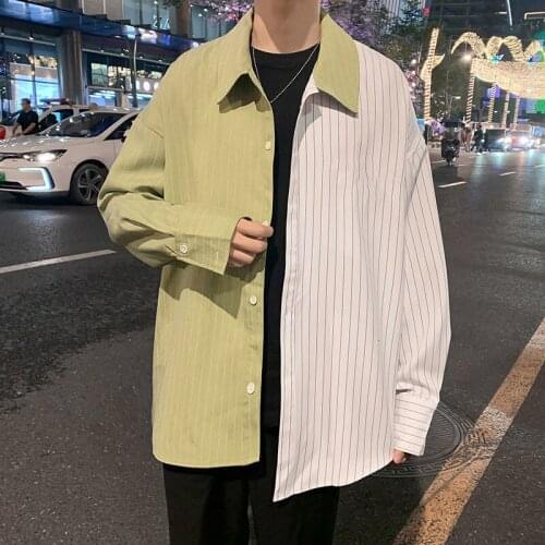 Stitching Striped Shirts For Men Loose Trend All-match Contrasting Color Shirt Trendy Tops Coat Spring Autumn Mens Clothes Thin