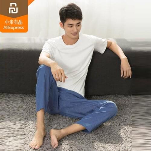 Xiaomi mijia mens home set seasons 100% cotton machine wash does not deform skin-friendly pajamas mens autumn and winter cloth
