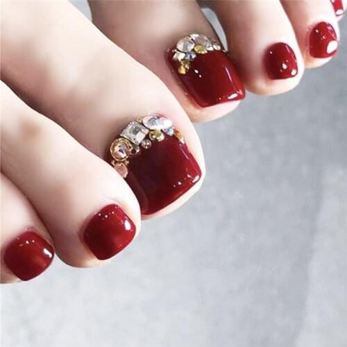 Wine red pure color with diamond 3d decorated false nails for toe french 24pcs cute summer toe nails lady full nail tips Bride