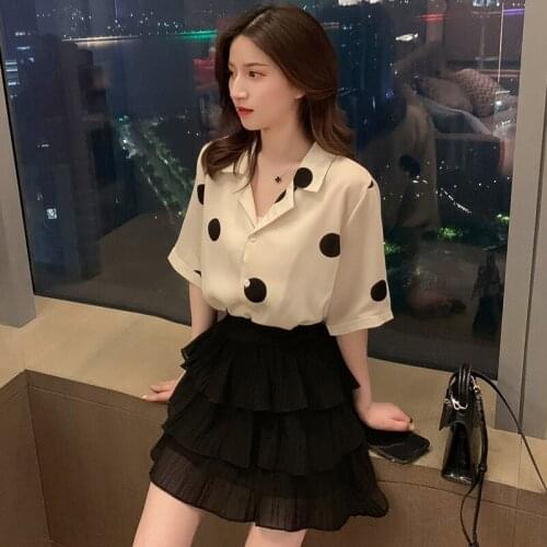 Summer New Adult Lady like Woman Young Chiffon Short Sleeve Shirt Outfit Womens Western Style Youthful-Looking Ruffled Skirt