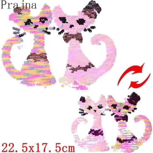 Prajna Cat Reversible Patch Sequin Reversible Sew On Cheap Embroidered Patches For Clothes Kids Applique Badge Fabric Decor DIY