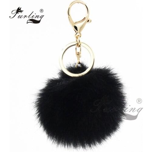 Furling Fluffy Faux Rabbit Fur Pompom with Gold Plating Key Chain Trinket Charm Bag Key Ring Holder Key Chain For Women
