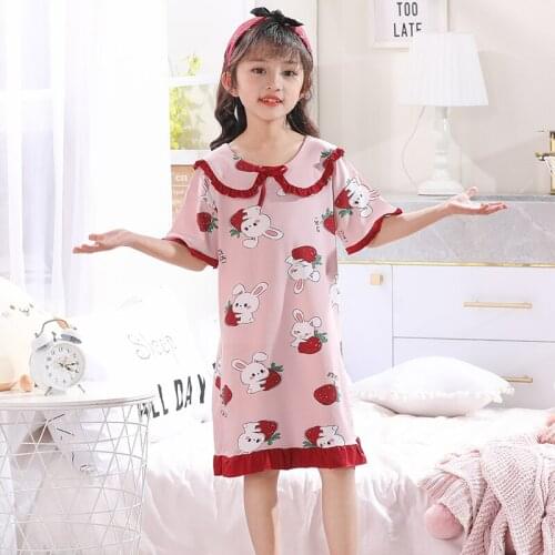 Retail 2-12 years Short-sleeved Cotton Childrens Home Wear LORI Nightdress Girl kids Pajamas Summer Print Rabbit Strawberry