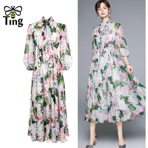 Tingfly Vintage Elegant Flower Print Flowy Chiffon Midi Long Dress Party Dresses A Line Summer Casual Elbise Robes High Waist