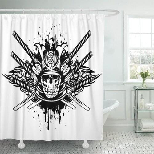 Tribal Skull in Samurai Helmet and Crossed Swords Wing Shower Curtain Waterproof Polyester Fabric 72 x 72 Inches Set with Hooks