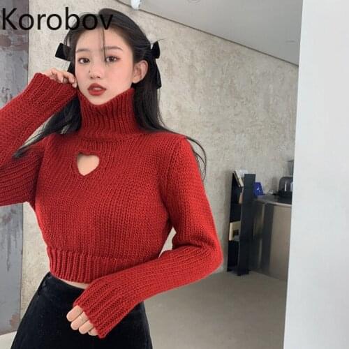 Korobov Turtleneck Sweaters Korean Crop Streetwear Puff Long Sleeve Sueter Mujer Autumn New Chic High Street Female Pullovers