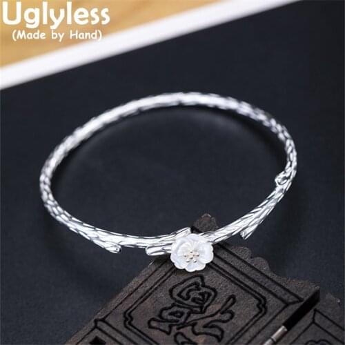 Uglyless Natural Shell Flowers Bangles for Women Romantic Floral Jewelry Solid 925 Sterling Silver Branch Bangles Ethnic Bijoux