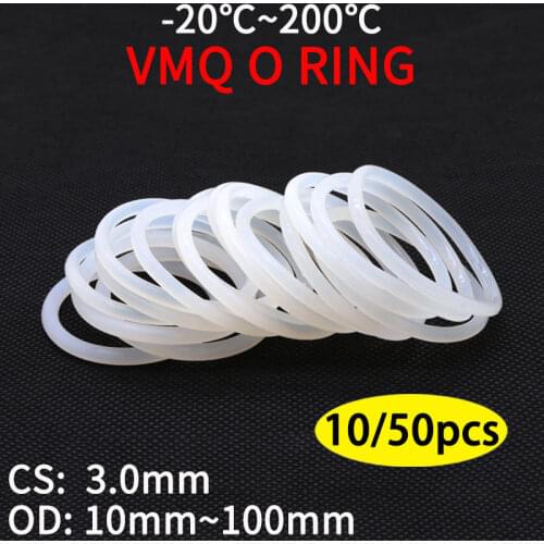 10pcs VMQ O Ring Seal Gasket Thickness CS 3mm OD 10 ~ 75mm Silicone Rubber Insulated Waterproof Washer Round Shape White Nontoxi