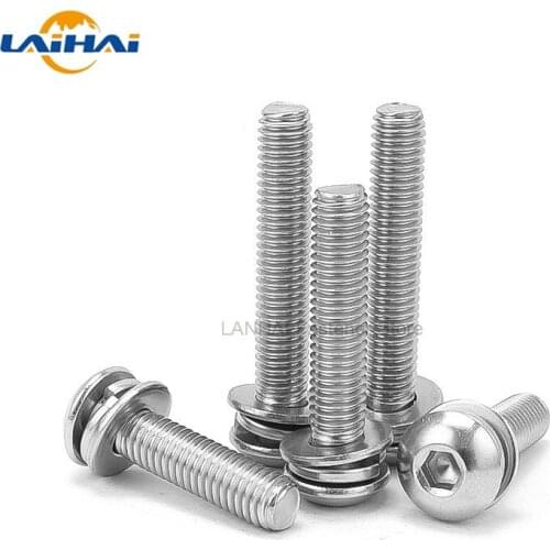 1/50pcs M3 M4 M5 M6 M8 304 Stainless Steel Hexagon Hex Socket Button Head SEM Screw Flat With Washer Spring Gasket Assemble Bolt
