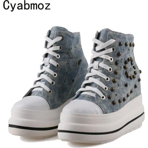 Cyabmoz Women Denim High heels Sneakers Rivet Hollow Hidden height increasing Shoes Woman Pumps New Party Shoes Tenis feminino