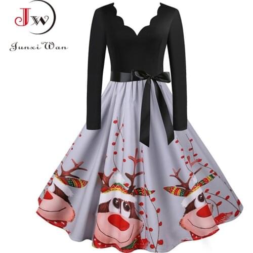 Women Winter Dresses Long Sleeve V Neck Vintage Elegant Print Christmas Party Xmas New Year Clothes 50s 60S Big Swing Sexy Robe
