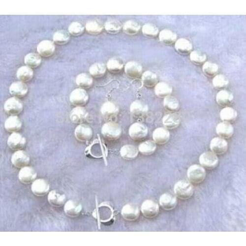 Wholesale Fashion 11-12mm White Freshwater Pearl Coin Circle Chain Necklace Bracelet Earring Set Women Girl Jewelry 2pcs/lot