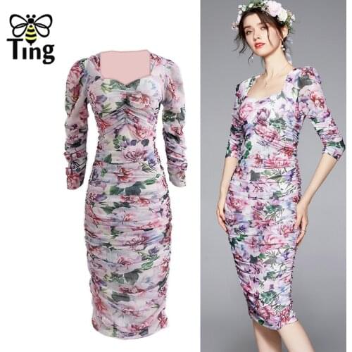 Tingfly Summer Fashion Bodycon Sheath Party Dress Women Designer Elegant Square Neck Flower Print Vintage Knee Dress Vestidos EA