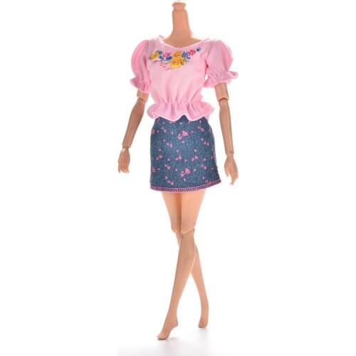 1pc Pink Clothes Sets Summer Short Sleeve Flower Print Doll Dress elegant Skirt For Barbie Doll