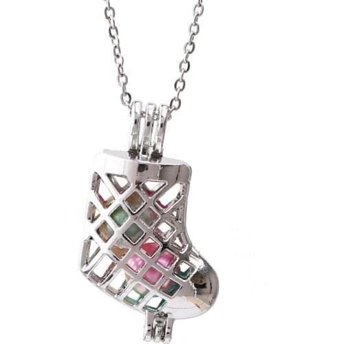 1pc Silver Plated Christmas Stocking Sock Pearl Cage Pendant Necklace Oyster Pearl Jewelry Essential Oil Diffuser Lockets Gift