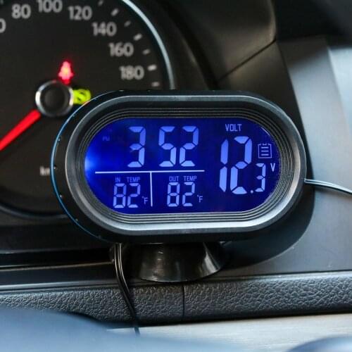 12-24V Car Thermometer Digital Clock Auto Interior LED Lighted LCD Display Dual Temperature Gauge Voltmeter Voltage Tester