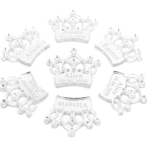 50x Personalized Name Silver Crown Princess Girl Customize Baptism Baby Name Date Birthday Party Table Decor Baby Shower Favors