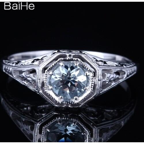 BAIHE Solid 14K White Gold 0.38CT Pear Aquamarine Anniversary Women Classic Fine Jewelry Aquamarine Ring
