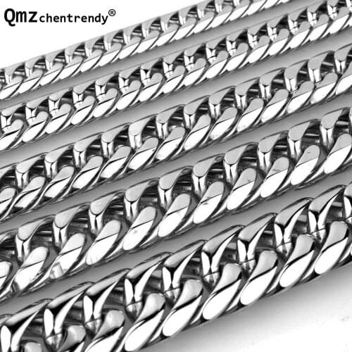 Qmzchentrendy 9/11/13/16/19/21mm CUSTOMIZE Length Stainless Steel Curb Cuban Chain Necklace Boys Mens Fashion Chain Link jewelry