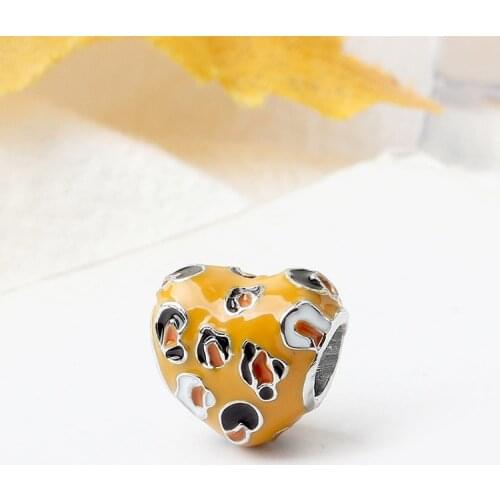 European Luxurious Enamel Simple Leopard Heart Beads Fit Original Pandora Charms for Women Birthday Gift DIY Trinket Jewelry