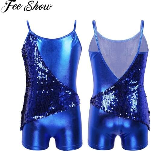 FEESHOW kids Hip Hop Jazz Streetwear Girls Spaghetti Shoulder Straps Sequins V Back Metallic Ballet Dancewear Gymnastic Leotard