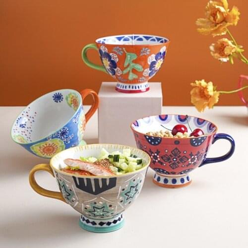 French hand color garden style ceramic soup cup underglaze color milk high creative personality ceramic cup breakfast cup
