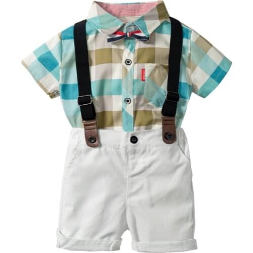 Toddler Boy Plaid Shirt Suit Clothes Summer Bow Wedding Kids Baby Set Shirt Blue Plaid Tops+Suspender Pants Outfits