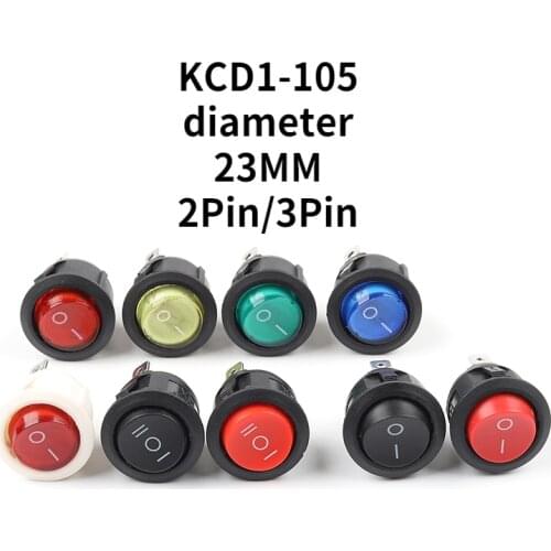 5PCS KCD1 Round Rocker Switch 23MM 2/3Pin ON-OFF-ON 2/3 Position 6A/250VAC 10A/125VAC SPST LED Car Push Button Switch With Light
