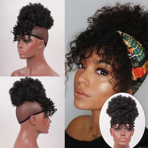 LUPU Synthetic Kinky Curly Afro Hair Ponytail With Drawstring Natural Fake Hair Bun Chignon Bangs Clip In Hair Extension