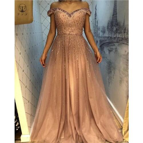 Fashion Off the Shoulder Sweetheart Beaded Heavily Short Sleeve Floor Length A Line Evening Dresses