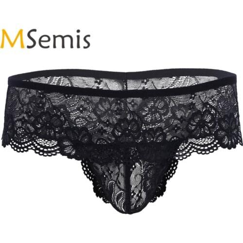 MSemis Mens Sissy Sexy Lingerie Low-waisted Lacework See-through Open Butt Bulge Pouch G-string Bikini Thong Stretchy Underwear