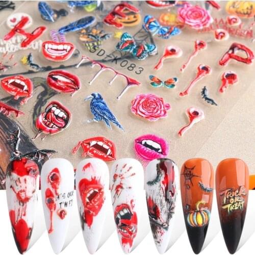 5D Carved Three-dimensional Halloween Nail Art Water Sticker Skull Bone Decals Gel Polish Slider Accessories Nail Decorations