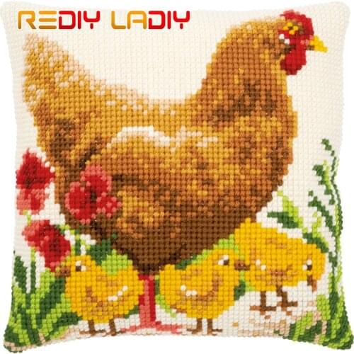 Cross Stitch Cushion Cover Chicken With Chicks Pillow Case Pre-Printed Canvas Acrylic Thick Yarn Cross-stitch Needlepoint Kits