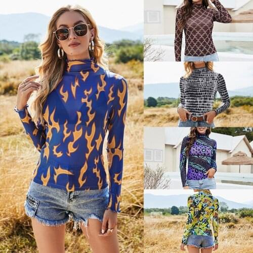 2021 Autumn New Long Sleeve Mesh Sexy See Through Print T-shirt Top Women Turtleneck Slim Stretchy Bottoming Tee Pullover Female