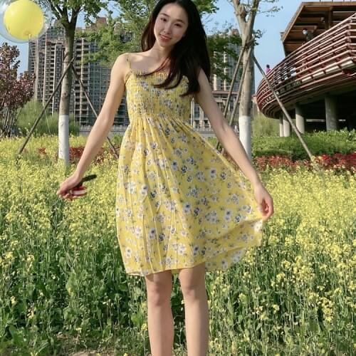 Women Chiffon Dress 2020 Summer Female Print Floral Vintage Elastic Spaghetti Strap Sleeveless Dress Boho Beach Midi Sundress