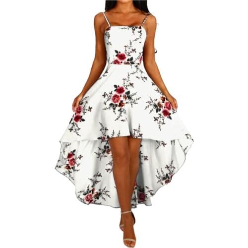 Summer Boho Dress Women Holiday Strappy Floral Print Spaghetti Strap Beach Dress Ladies Beach Swing Irregular Tuxed Dress