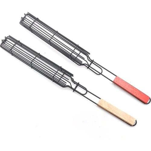 Portable Wood Handle Hot Dog Rack Metal Mesh Baskets BBQ Barbecue Sausage Grilling Basket Grill Rack BBQ Tool Accessories