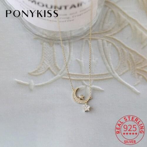 PONYKISS Trendy 925 Sterling Silver Star And Moon Zircon14K Gold Chokers Necklace For Women Romantic Fine Jewelry Drop Shipping