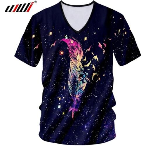 UJWI V Neck Tshirt Man Hip Hop Streetwear Short Sleeve Unisex T Shirts Mens Summer Print Galaxy Space Feather 3D T-shirt Homme