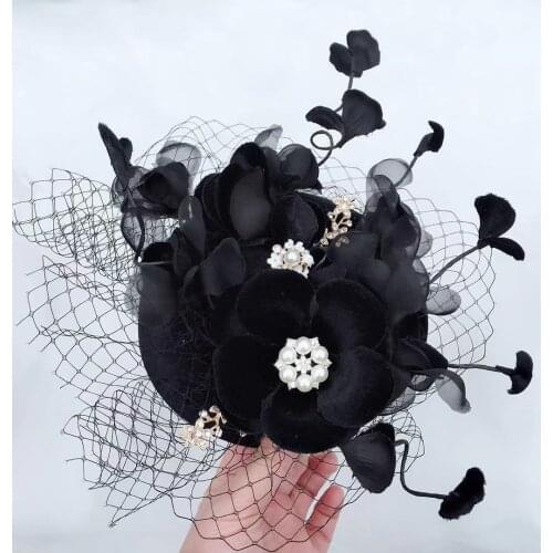 2019 Black Silk Flower Pearl Fascinator Hat Hair Clip Women Velvet Pearl Floral Headwear Elegant Ladies Cocktail Party Headdress