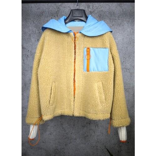 Color 11.17 Winter Contrast Patchwork Hooded Kid Mohair Jacket Coat Women Keep Warm Fashion Casual Zipper Outerwear