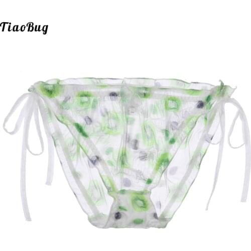 Women Students Summer Sexy See-Through Mesh Cartoon Fruit Print Briefs Low Waist Straps Self Tie Side Closure Panties Underwear