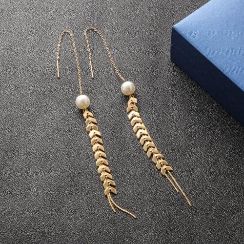 316L Stainless Steel Pearl Wheat Leaf Ear Line Tassels Stud Earring For Women Fashion Fine Jewelry Party Gifts SAE679