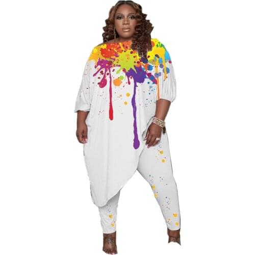 Plus Size Sets 5xl Two Piece Sets Women Fall Clothing Splash Print Irregular Hem Tops Leggings Tracksuit Wholesale Dropshipping